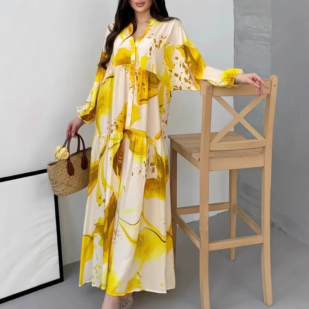 Loose Fit V-Neck Long Sleeve Dress Abaya(MA377) - Image 3