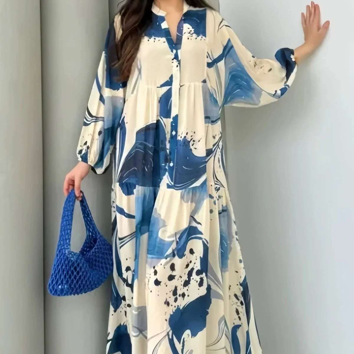 Loose Fit V-Neck Long Sleeve Dress Abaya(MA377) - Image 6