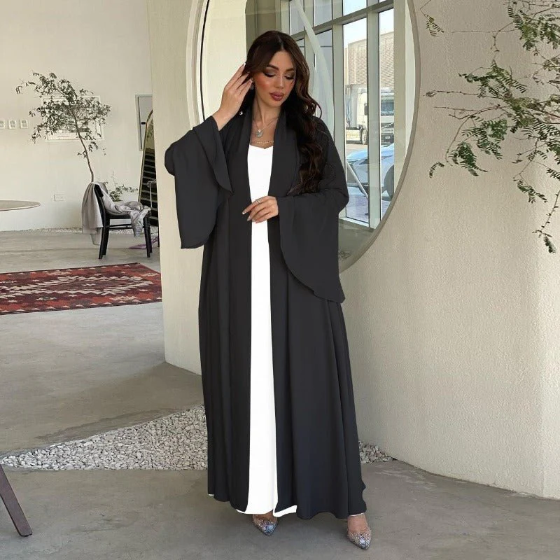 Lotus Leaf Sleeve Solid Soft Satin Open Front Abaya Dress | Lightweight Modest Abaya Cover(MOA220) - Image 14