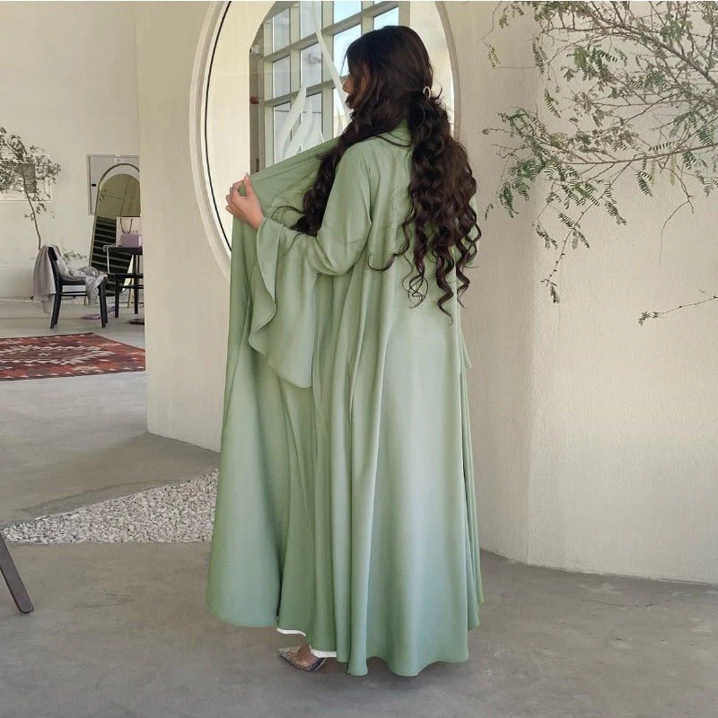 Lotus Leaf Sleeve Solid Soft Satin Open Front Abaya Dress | Lightweight Modest Abaya Cover(MOA220) - Image 3