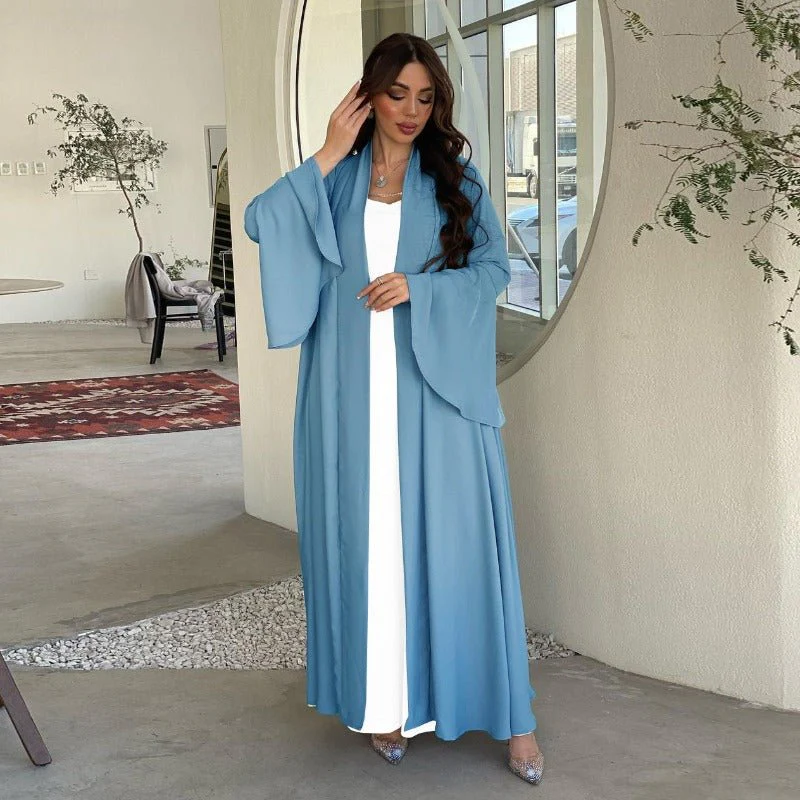 Lotus Leaf Sleeve Solid Soft Satin Open Front Abaya Dress | Lightweight Modest Abaya Cover(MOA220) - Image 7