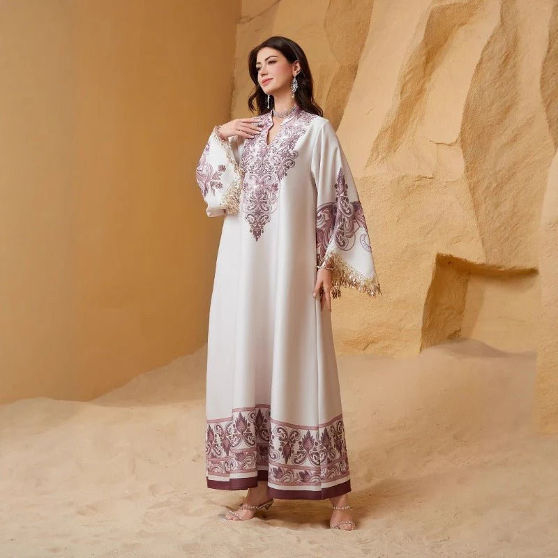 Luxe Embroidered Evening Abaya | Bell Sleeve Maxi Dress with Fringe Detail(MA338) - Image 2