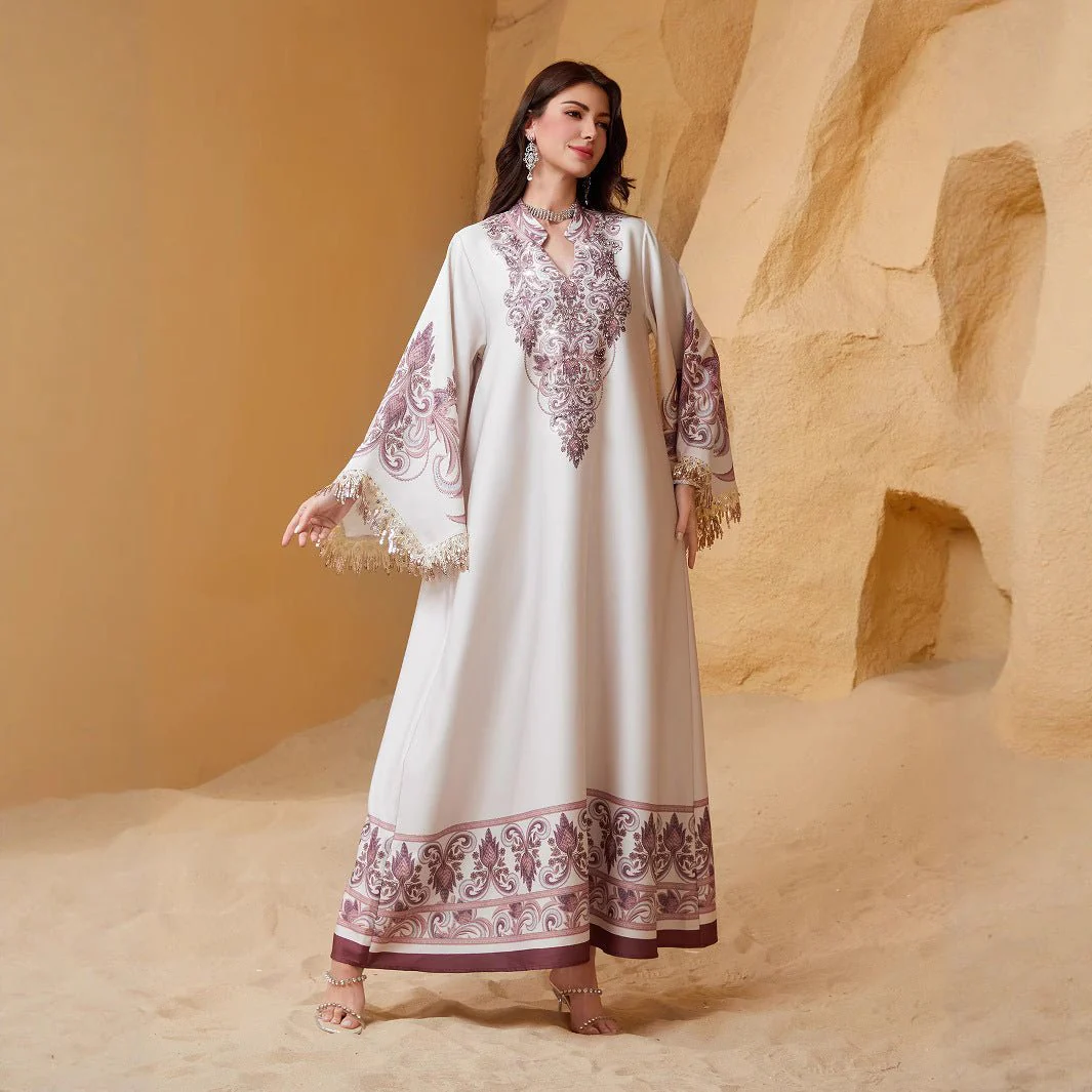 Luxe Embroidered Evening Abaya | Bell Sleeve Maxi Dress with Fringe Detail(MA338) - Image 4