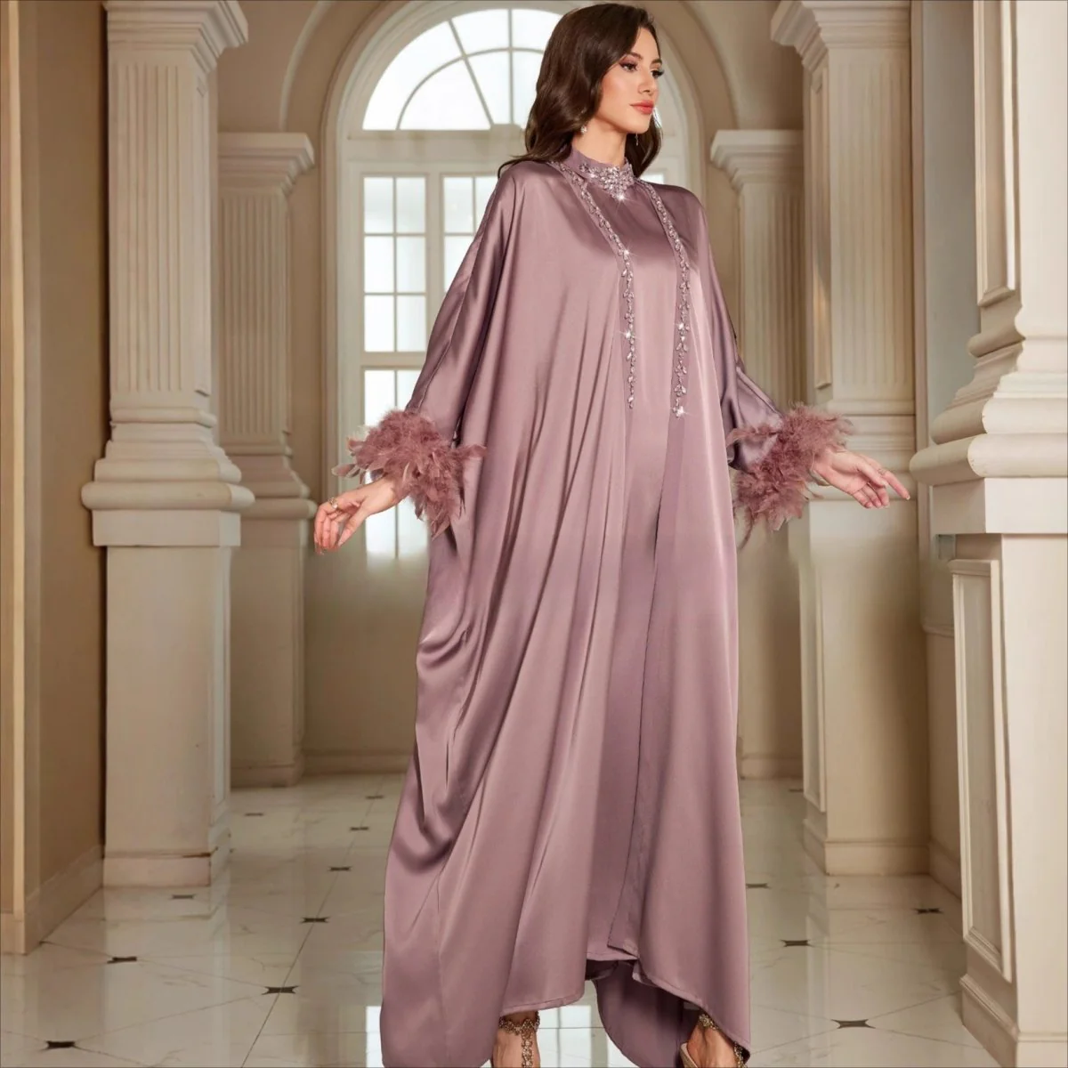 Luxe Satin Halter Dress & Feather Trim Cape Set(MOA250) - Image 2