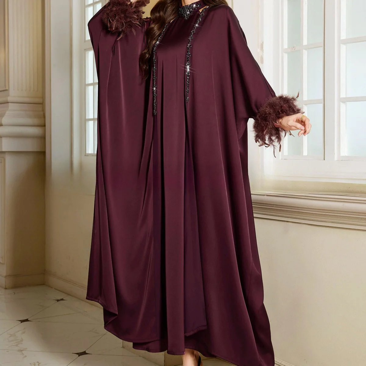 Luxe Satin Halter Dress & Feather Trim Cape Set(MOA250) - Image 3