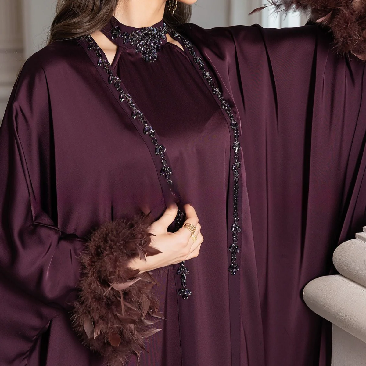 Luxe Satin Halter Dress & Feather Trim Cape Set(MOA250) - Image 6