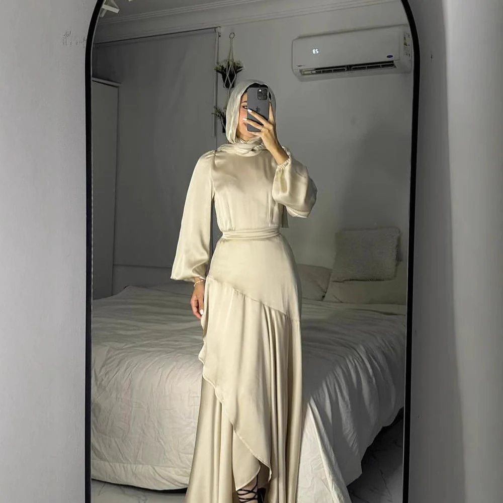 Luxe Satin Ruffle Hem Maxi Dress | Elastic Cuff Belted Abaya (MS187) - Image 3