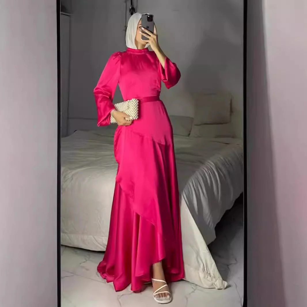 Luxe Satin Ruffle Hem Maxi Dress | Elastic Cuff Belted Abaya (MS187) - Image 4