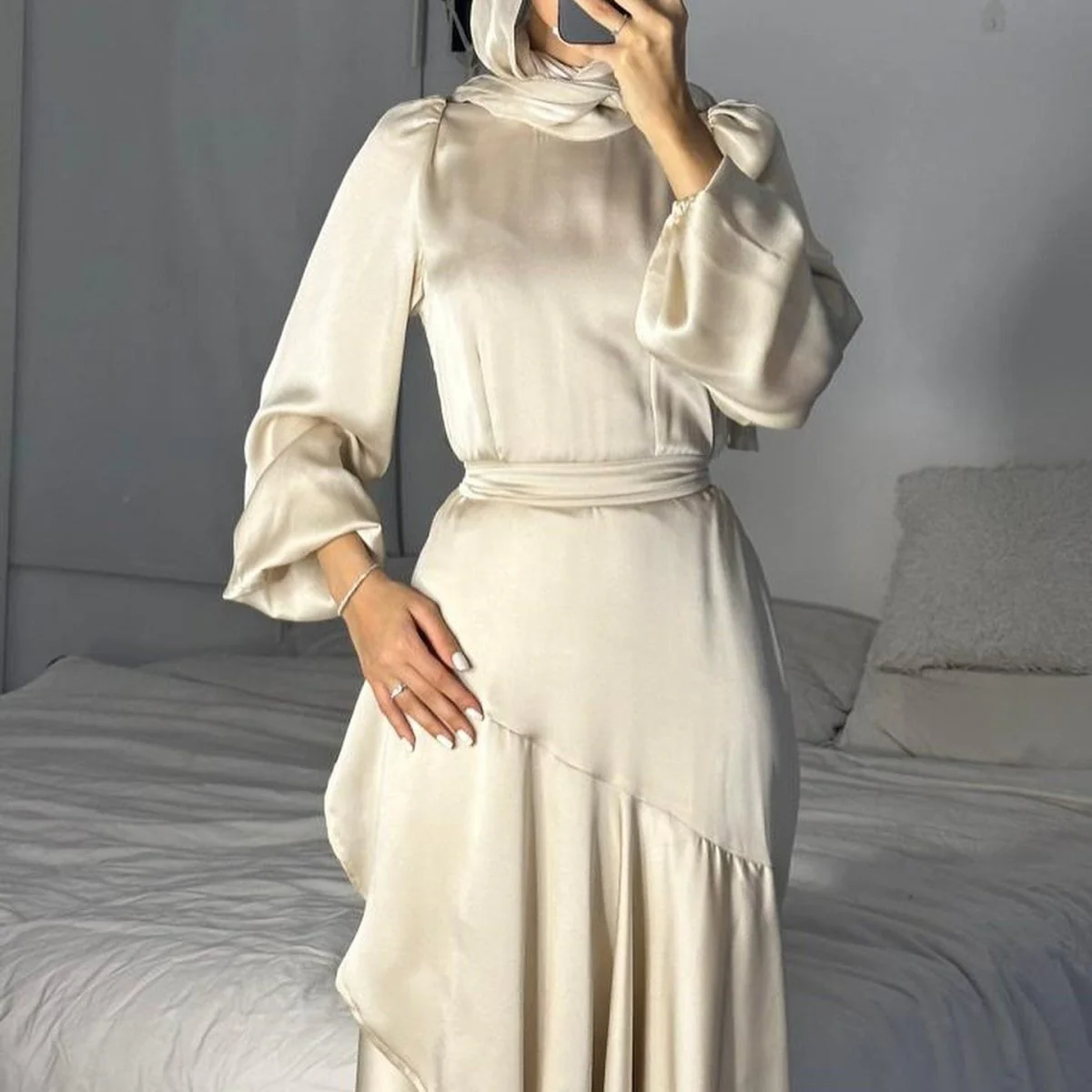 Luxe Satin Ruffle Hem Maxi Dress | Elastic Cuff Belted Abaya (MS187) - Image 5