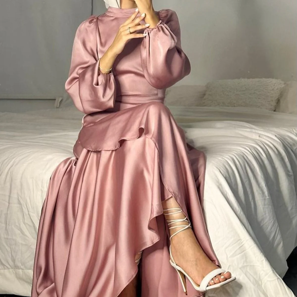 Luxe Satin Ruffle Hem Maxi Dress | Elastic Cuff Belted Abaya (MS187) - Image 6
