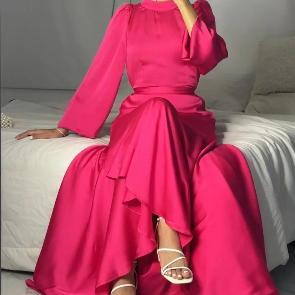 Luxe Satin Ruffle Hem Maxi Dress | Elastic Cuff Belted Abaya (MS187) - Image 7
