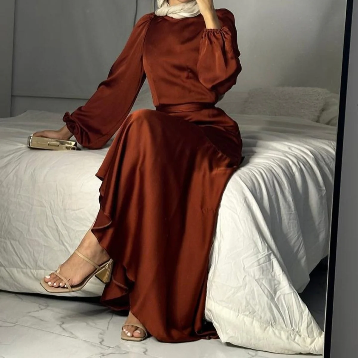 Luxe Satin Ruffle Hem Maxi Dress | Elastic Cuff Belted Abaya (MS187) - Image 8
