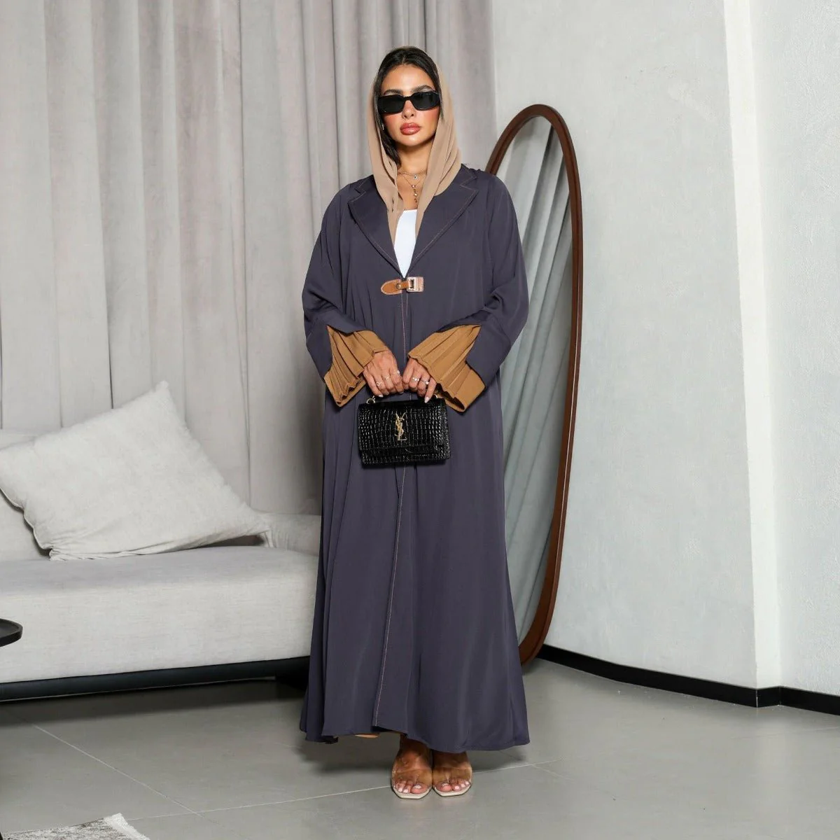 Luxe Suede Robe Dress | Navy Blue  Maxi with Gold Accents & Bell Sleeves (MOA200) - Image 2