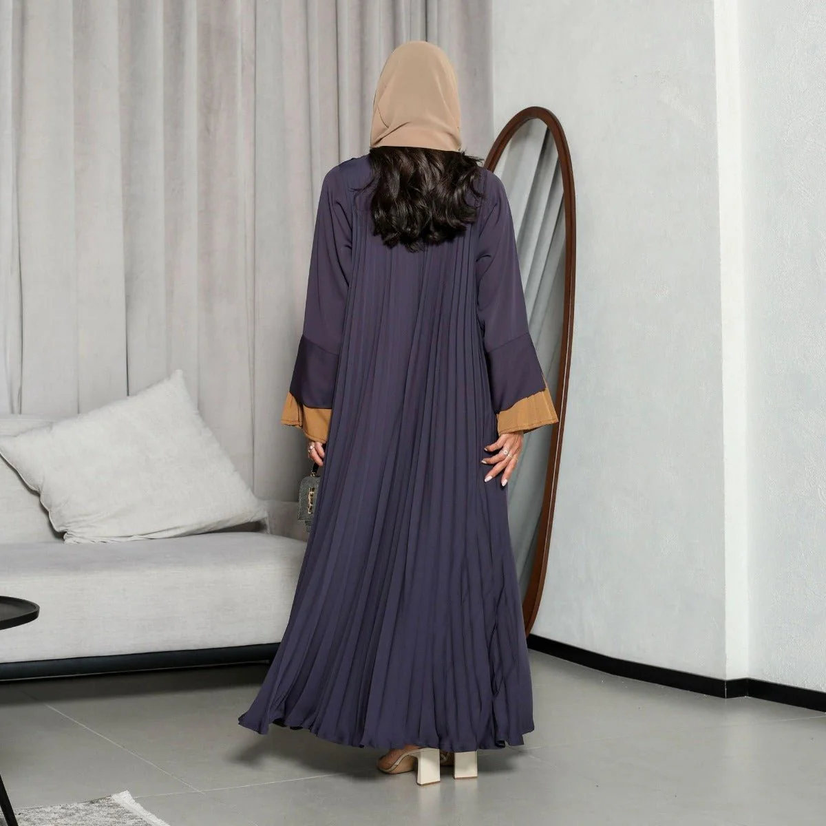 Luxe Suede Robe Dress | Navy Blue  Maxi with Gold Accents & Bell Sleeves (MOA200) - Image 3