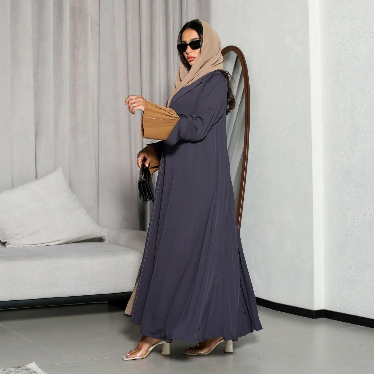 Luxe Suede Robe Dress | Navy Blue  Maxi with Gold Accents & Bell Sleeves (MOA200) - Image 4