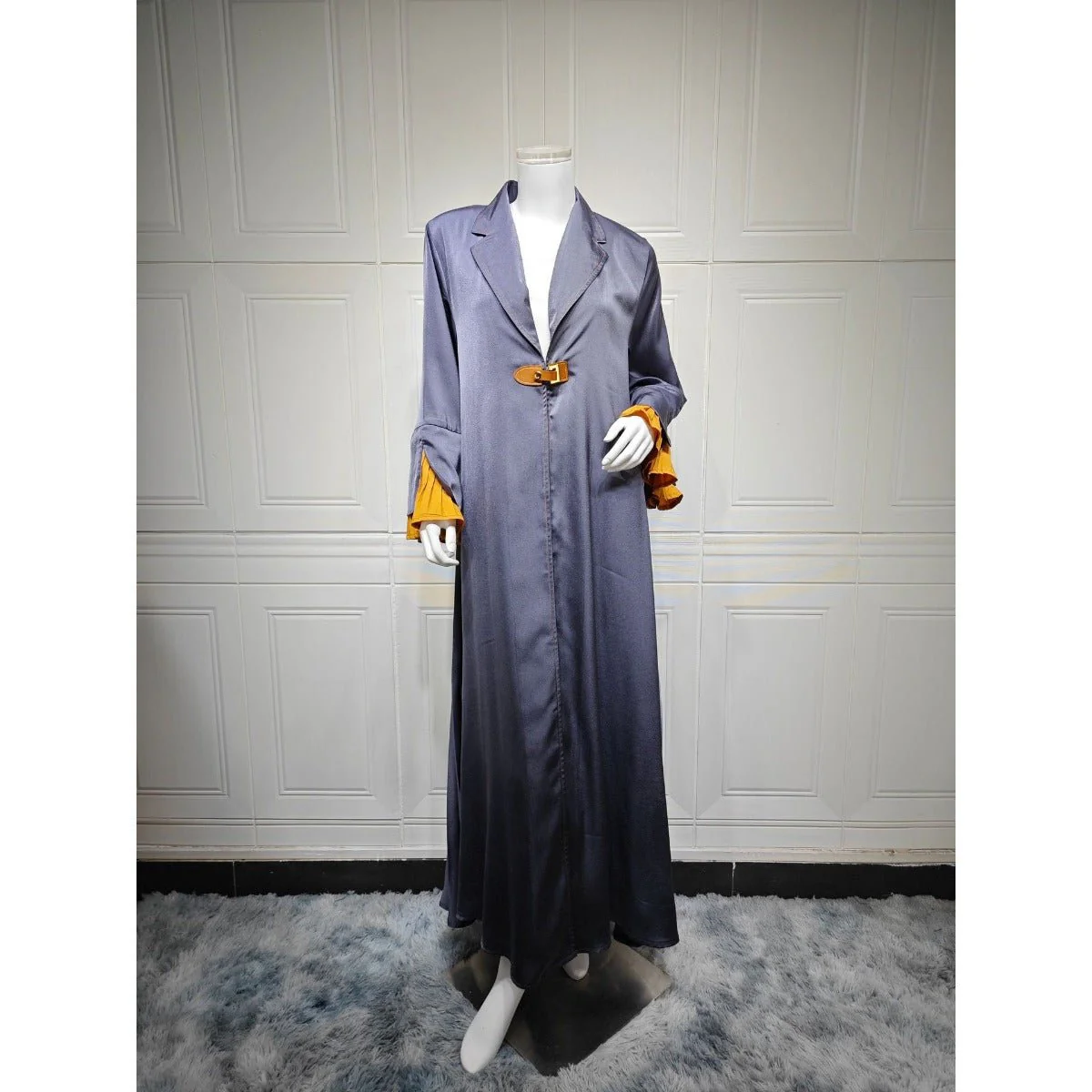 Luxe Suede Robe Dress | Navy Blue  Maxi with Gold Accents & Bell Sleeves (MOA200) - Image 6