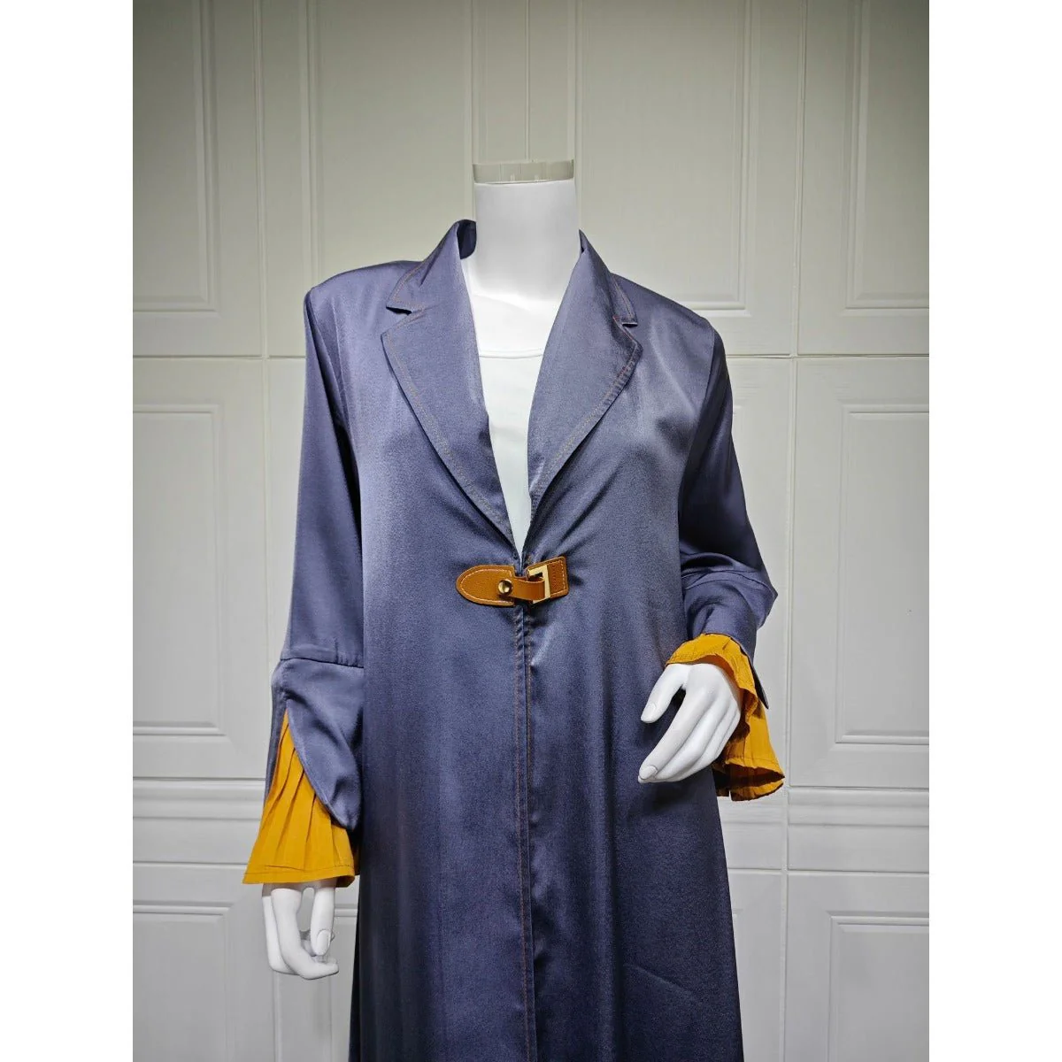 Luxe Suede Robe Dress | Navy Blue  Maxi with Gold Accents & Bell Sleeves (MOA200) - Image 8