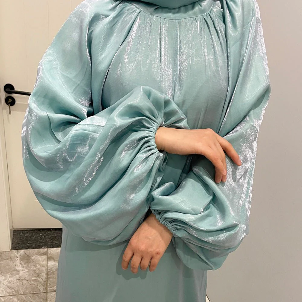 Luxurious Shimmer Abaya with Lantern Sleeves | Stand Collar Back Tie Maxi Dress(MA324) - Image 10