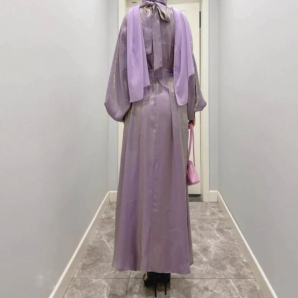 Luxurious Shimmer Abaya with Lantern Sleeves | Stand Collar Back Tie Maxi Dress(MA324) - Image 13