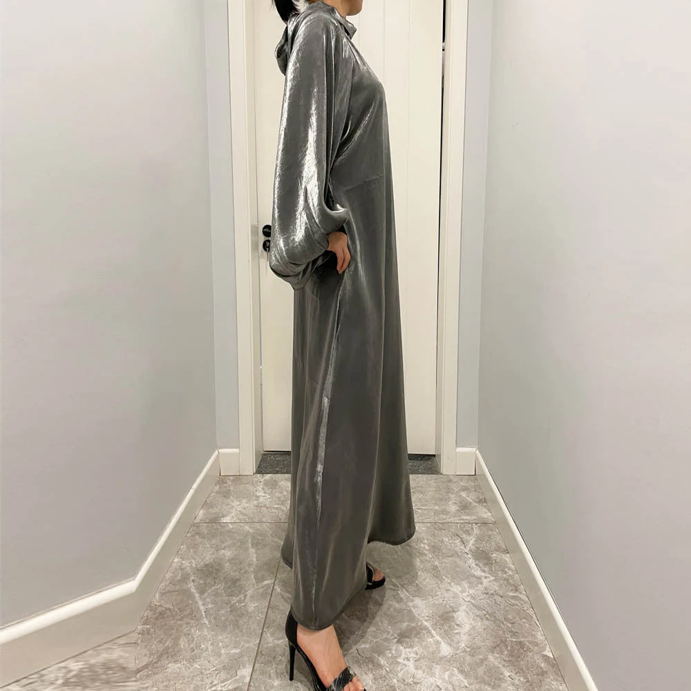 Luxurious Shimmer Abaya with Lantern Sleeves | Stand Collar Back Tie Maxi Dress(MA324) - Image 15