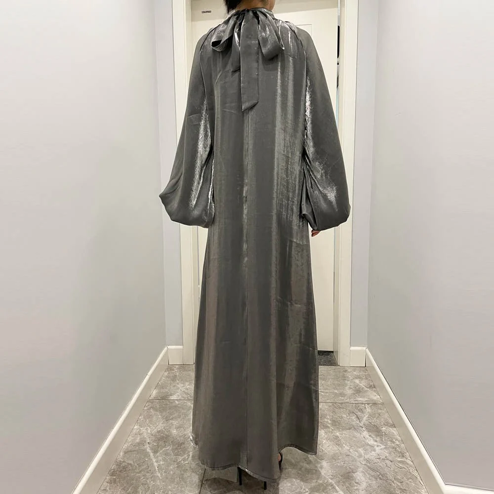 Luxurious Shimmer Abaya with Lantern Sleeves | Stand Collar Back Tie Maxi Dress(MA324) - Image 16