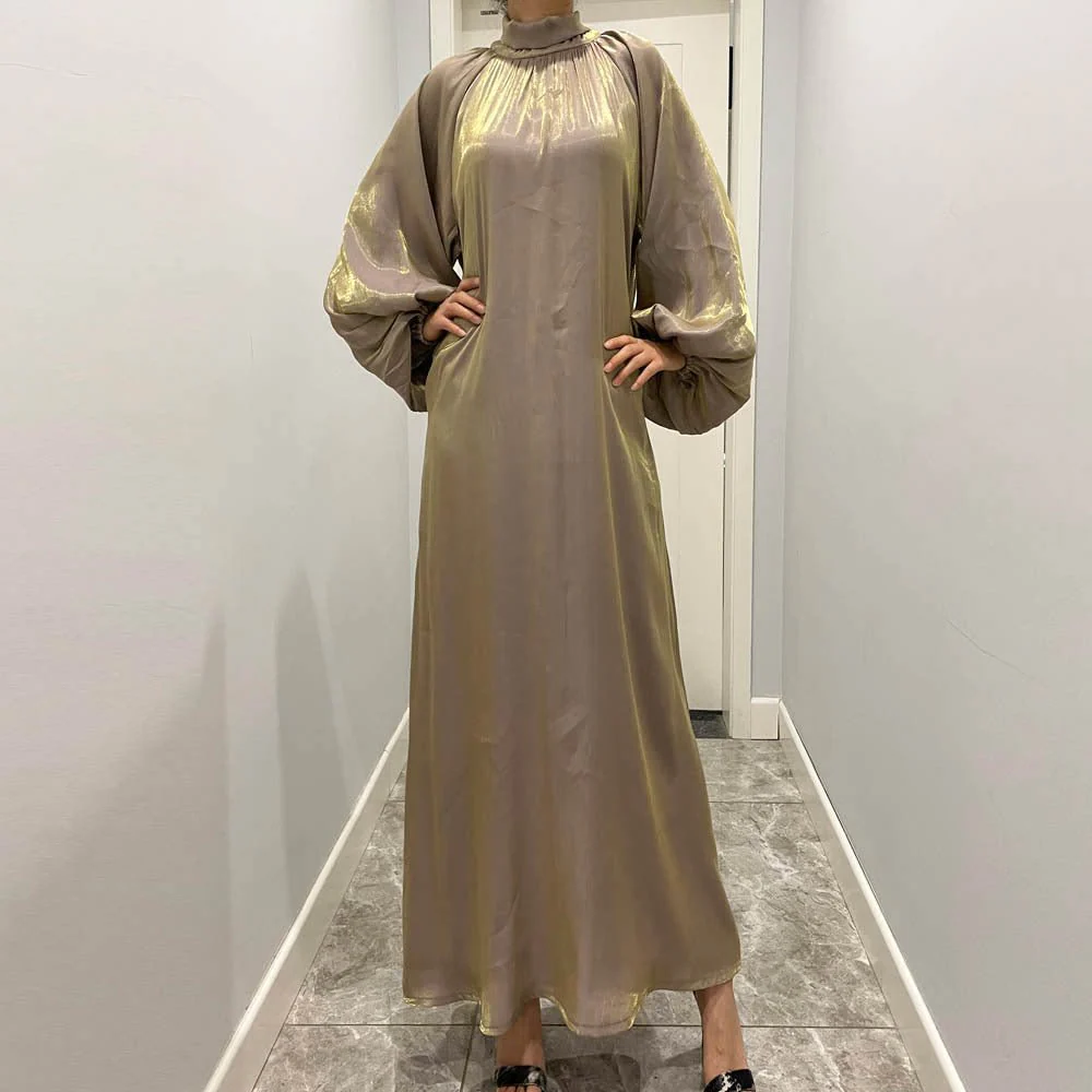Luxurious Shimmer Abaya with Lantern Sleeves | Stand Collar Back Tie Maxi Dress(MA324) - Image 17
