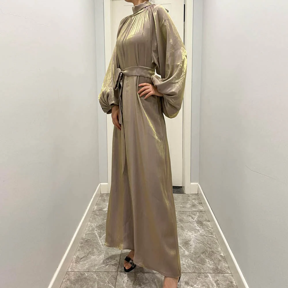 Luxurious Shimmer Abaya with Lantern Sleeves | Stand Collar Back Tie Maxi Dress(MA324) - Image 18