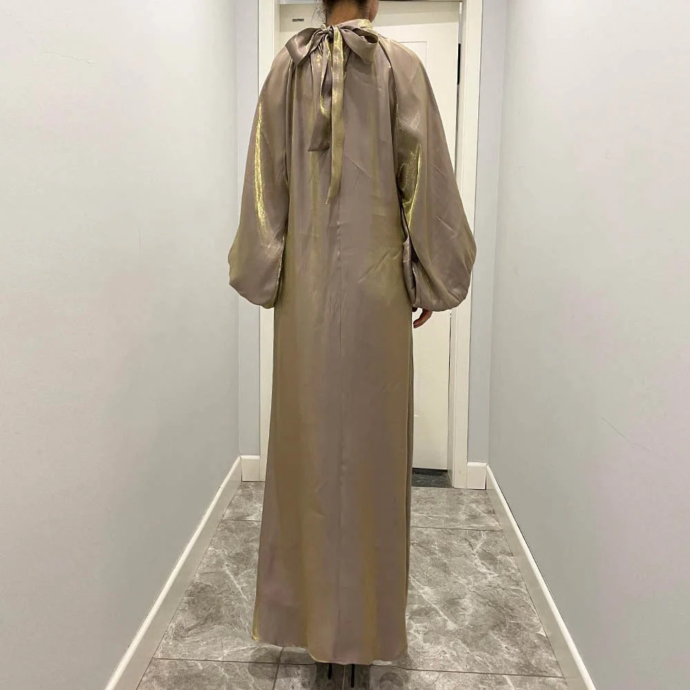 Luxurious Shimmer Abaya with Lantern Sleeves | Stand Collar Back Tie Maxi Dress(MA324) - Image 19