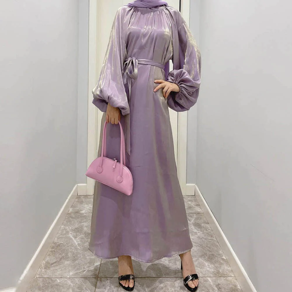Luxurious Shimmer Abaya with Lantern Sleeves | Stand Collar Back Tie Maxi Dress(MA324) - Image 22