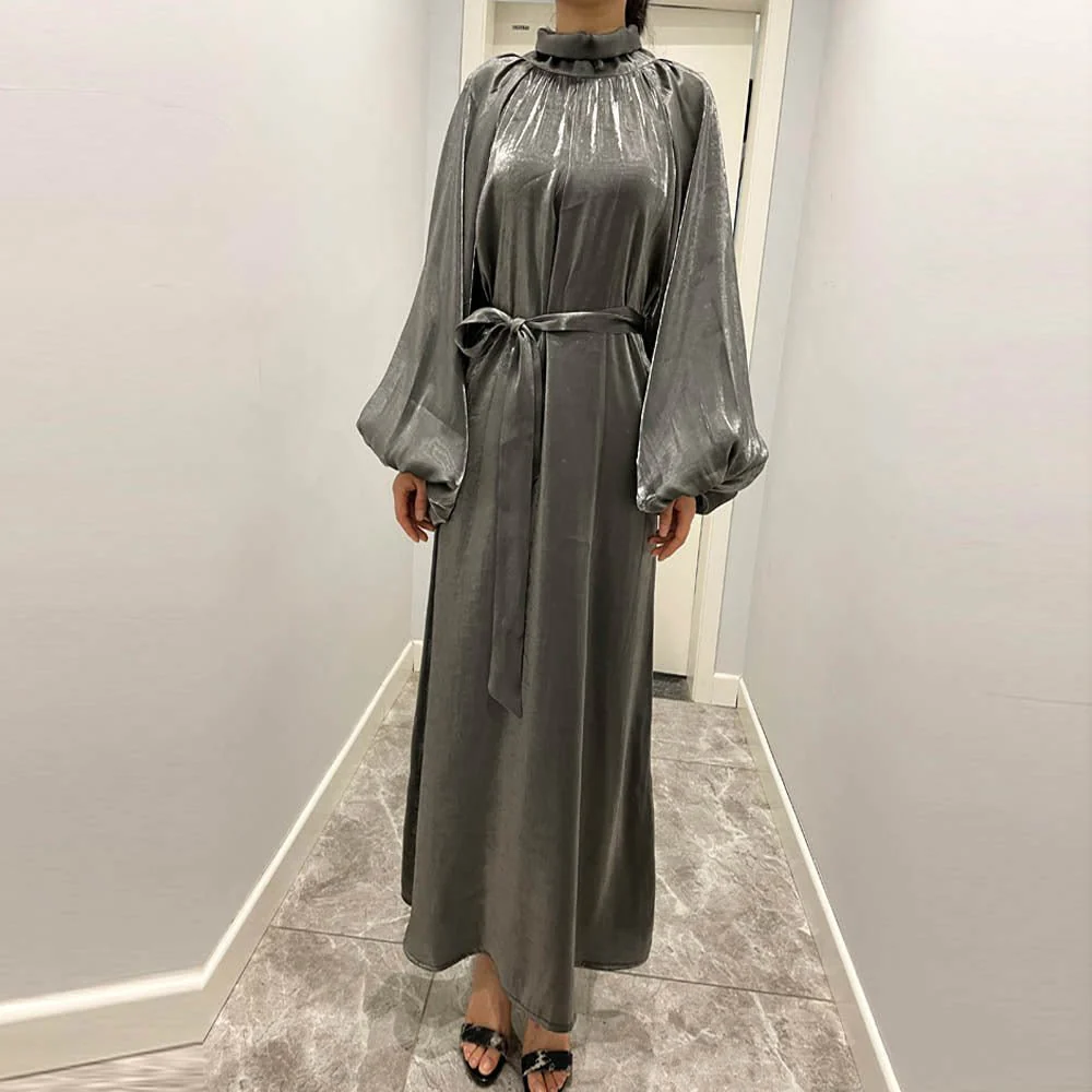 Luxurious Shimmer Abaya with Lantern Sleeves | Stand Collar Back Tie Maxi Dress(MA324) - Image 23