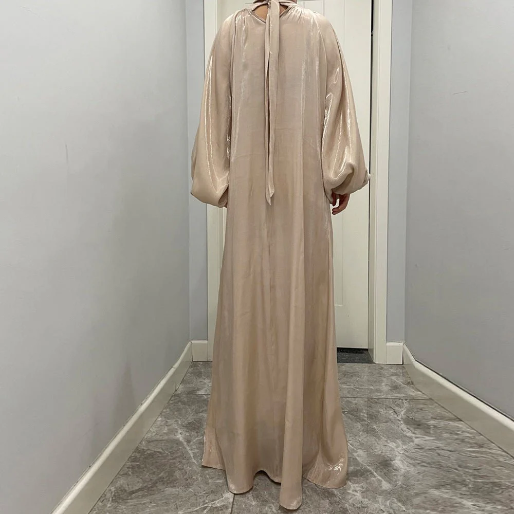 Luxurious Shimmer Abaya with Lantern Sleeves | Stand Collar Back Tie Maxi Dress(MA324) - Image 3