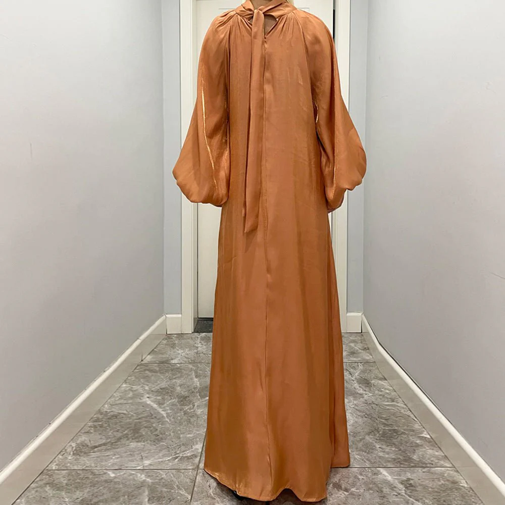 Luxurious Shimmer Abaya with Lantern Sleeves | Stand Collar Back Tie Maxi Dress(MA324) - Image 6