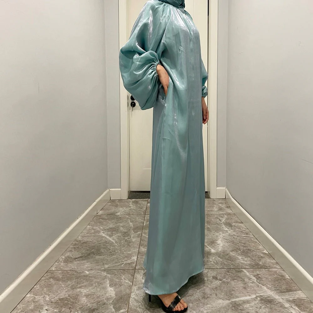 Luxurious Shimmer Abaya with Lantern Sleeves | Stand Collar Back Tie Maxi Dress(MA324) - Image 7