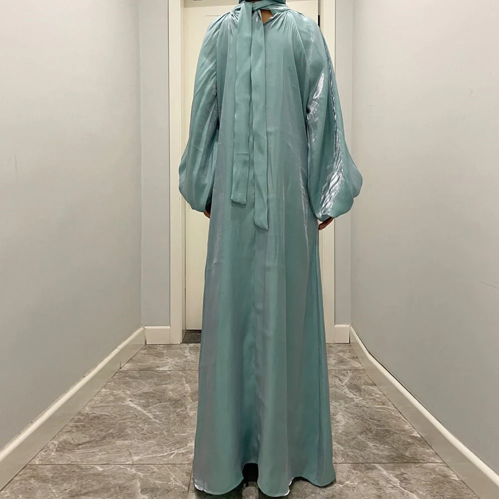 Luxurious Shimmer Abaya with Lantern Sleeves | Stand Collar Back Tie Maxi Dress(MA324) - Image 9