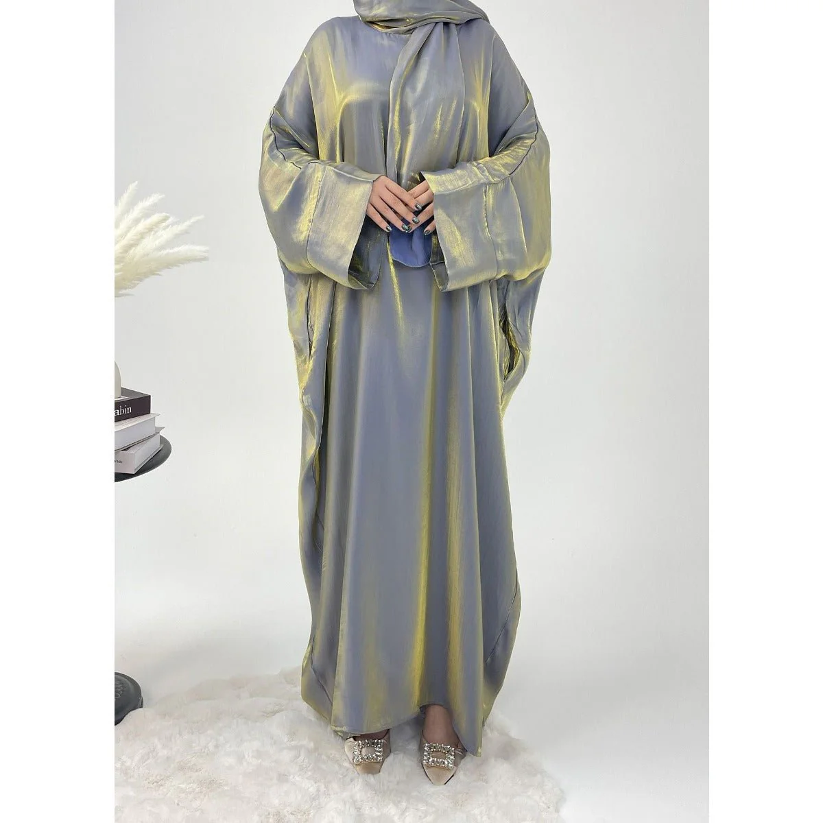Luxury Bubble Sleeve Abaya Dress | Muslim Elegant Evening Wear Glossy Modest Robe (MA245) - Image 11