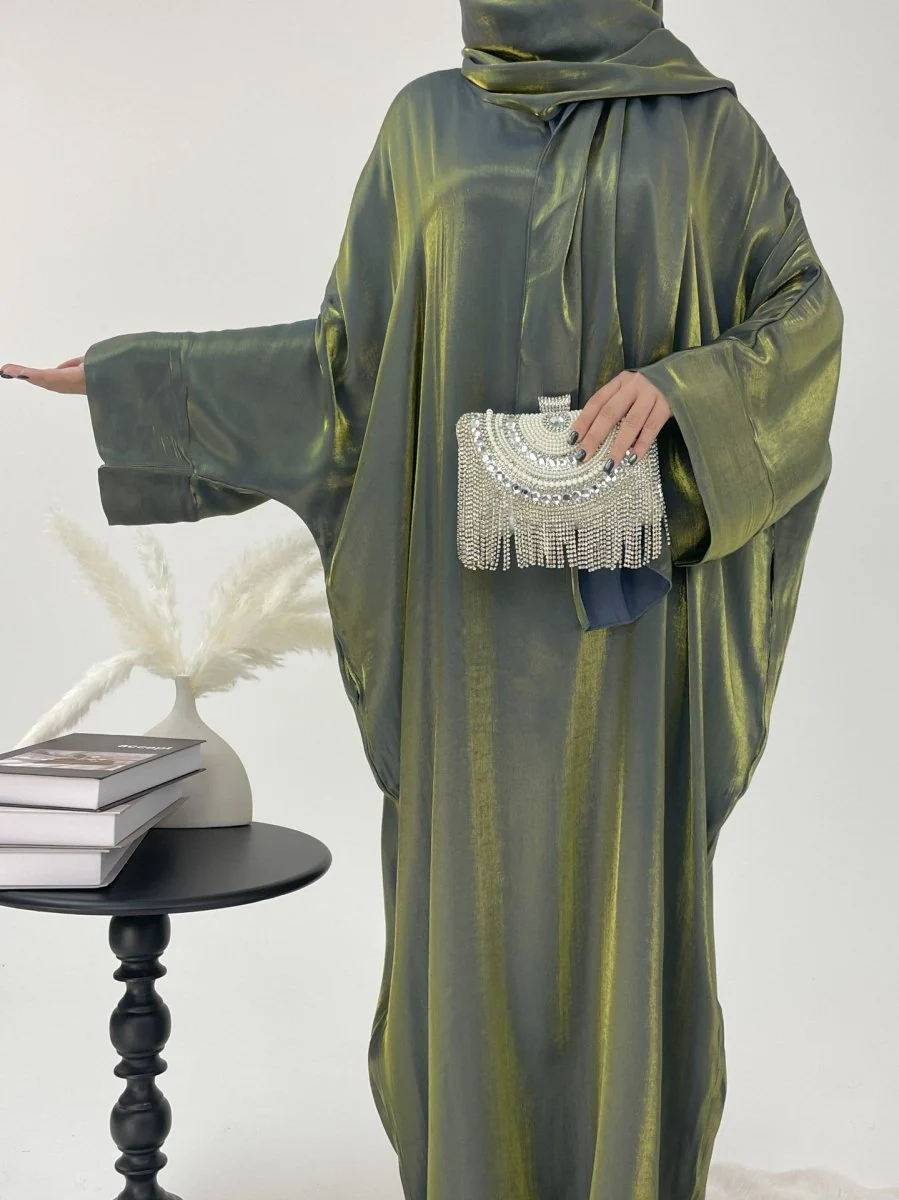 Luxury Bubble Sleeve Abaya Dress | Muslim Elegant Evening Wear Glossy Modest Robe (MA245) - Image 16