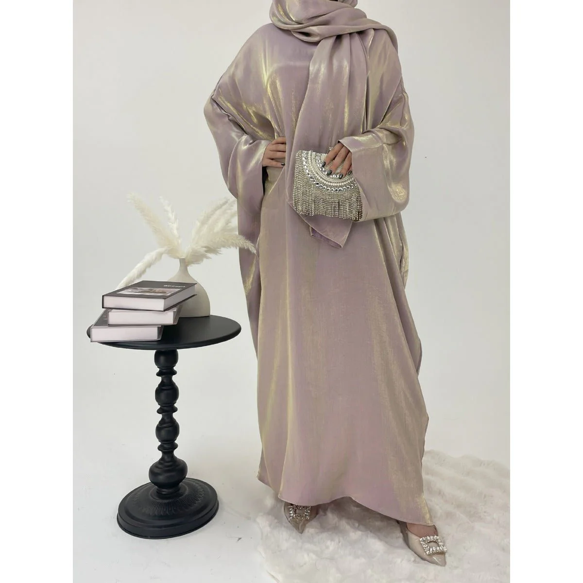 Luxury Bubble Sleeve Abaya Dress | Muslim Elegant Evening Wear Glossy Modest Robe (MA245) - Image 3