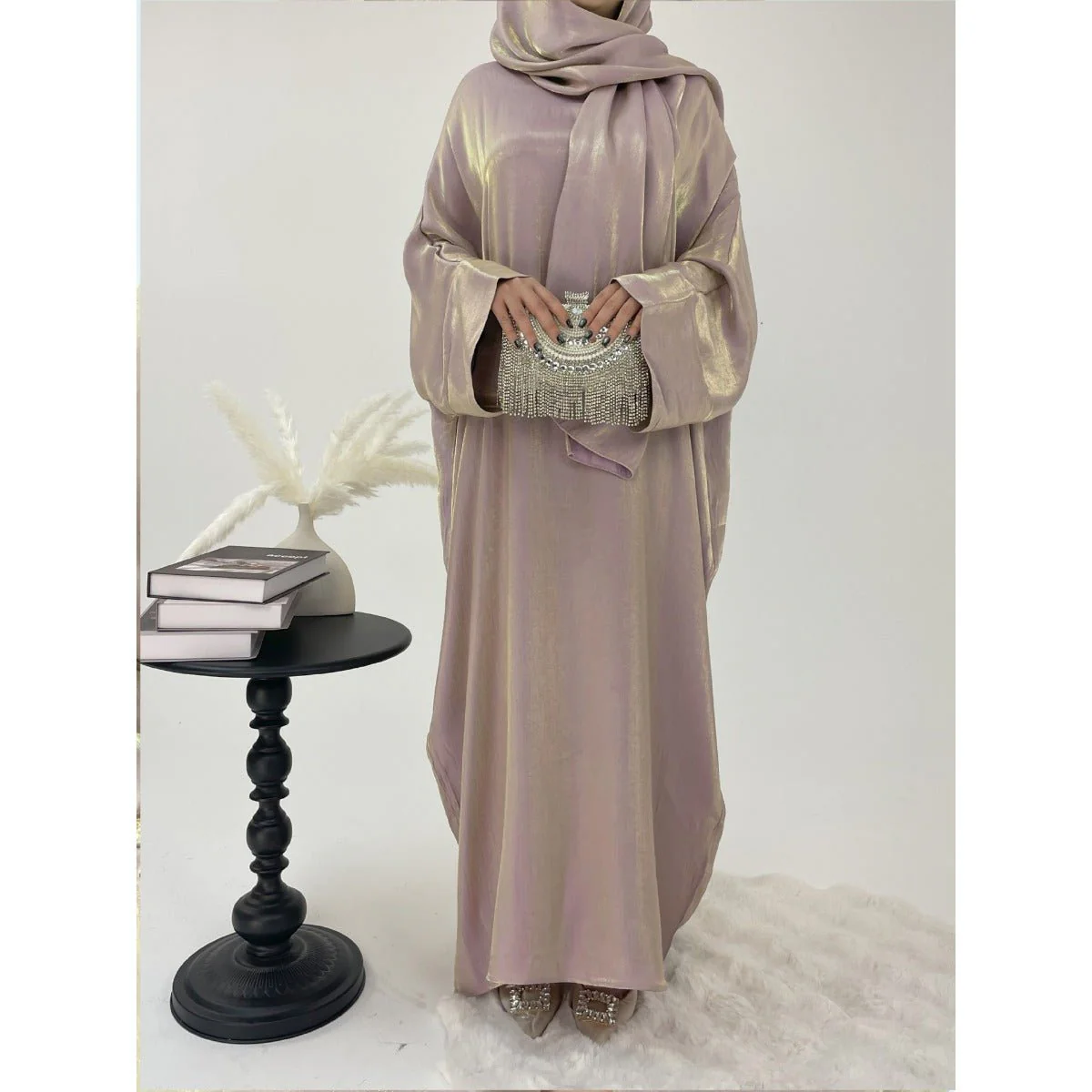 Luxury Bubble Sleeve Abaya Dress | Muslim Elegant Evening Wear Glossy Modest Robe (MA245) - Image 4