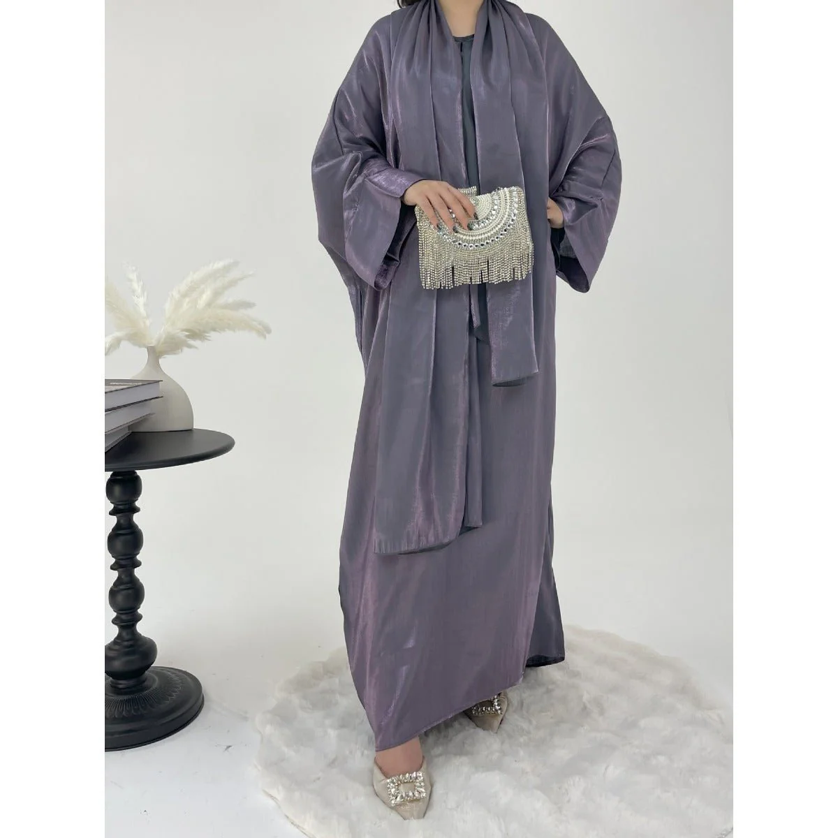 Luxury Bubble Sleeve Abaya Dress | Muslim Elegant Evening Wear Glossy Modest Robe (MA245) - Image 5