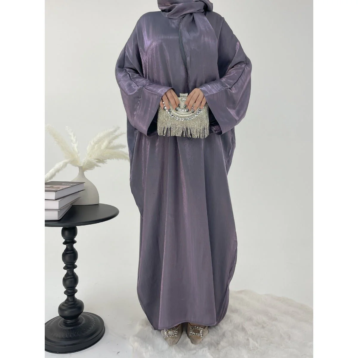 Luxury Bubble Sleeve Abaya Dress | Muslim Elegant Evening Wear Glossy Modest Robe (MA245) - Image 6