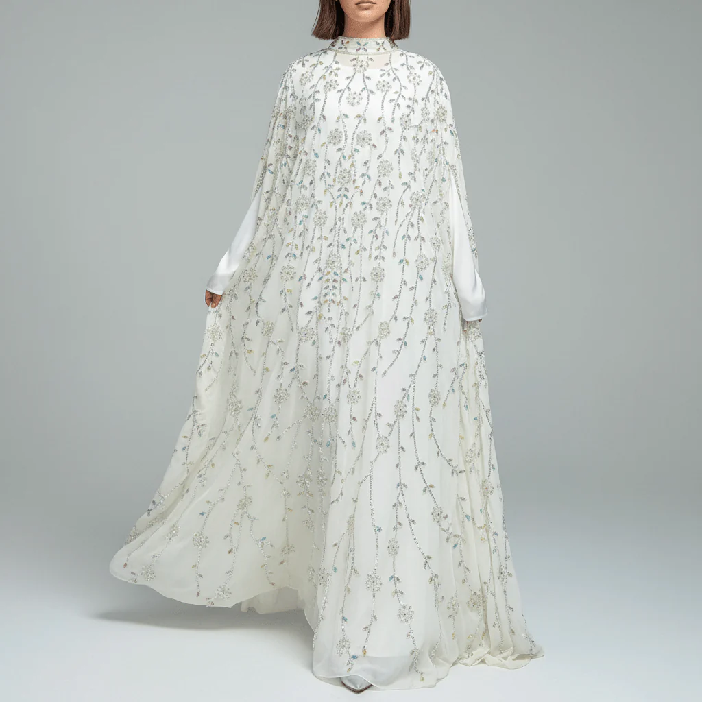 Luxury Crystal Embellished Cape Abaya Set with Modal Inner Dress (MA390) - Image 3