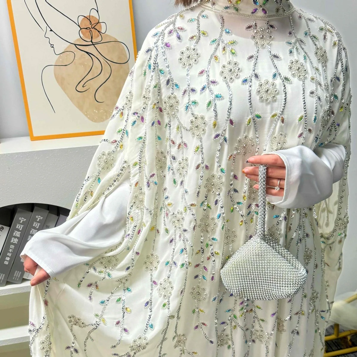 Luxury Crystal Embellished Cape Abaya Set with Modal Inner Dress (MA390) - Image 7