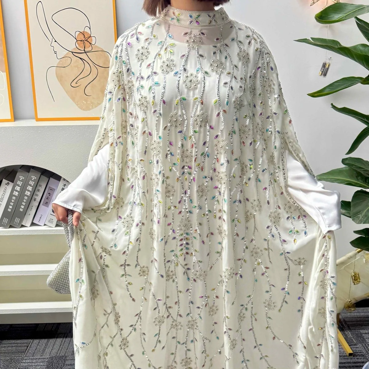 Luxury Crystal Embellished Cape Abaya Set with Modal Inner Dress (MA390) - Image 8