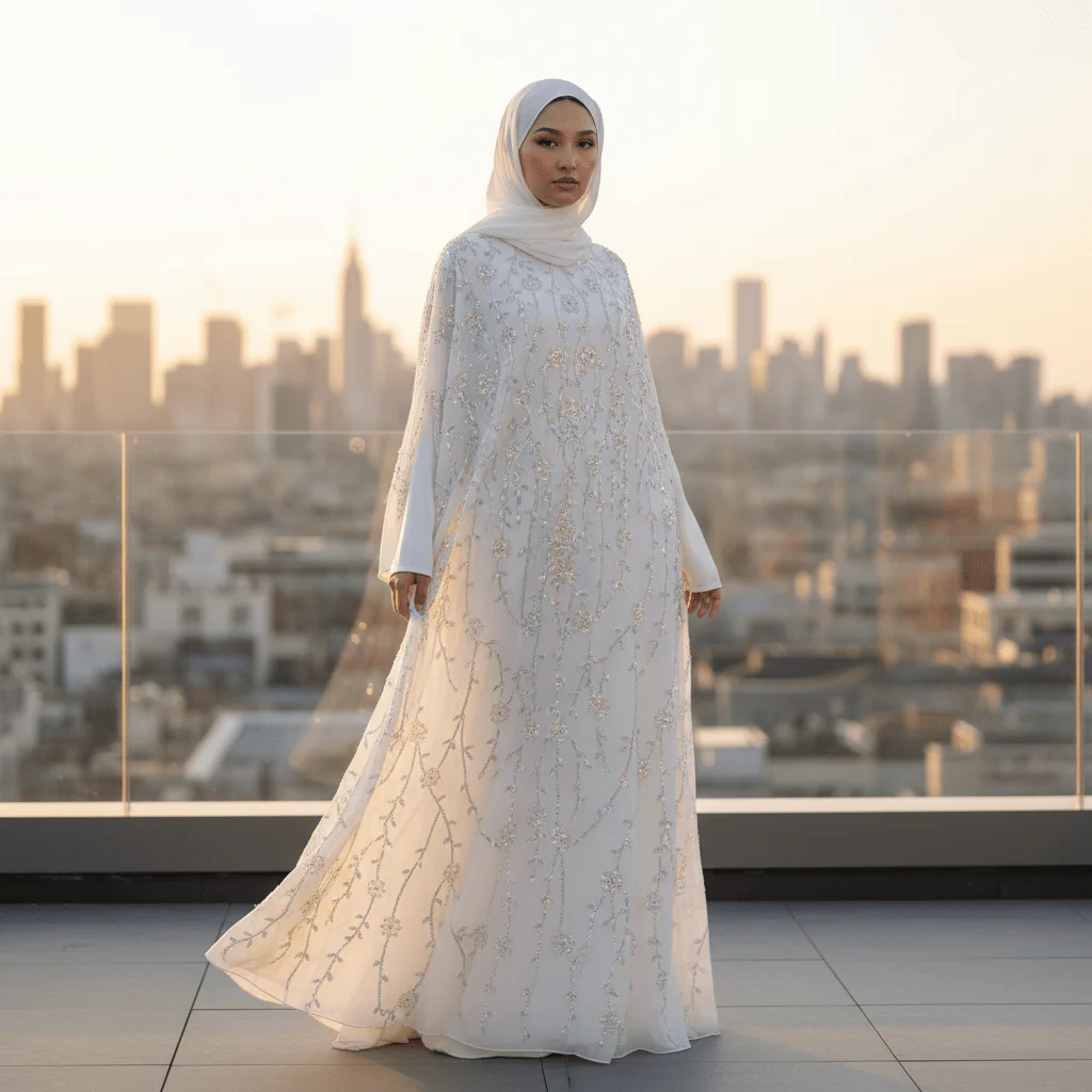 Luxury Crystal Embellished Cape Abaya Set with Modal Inner Dress (MA390) - Image 9