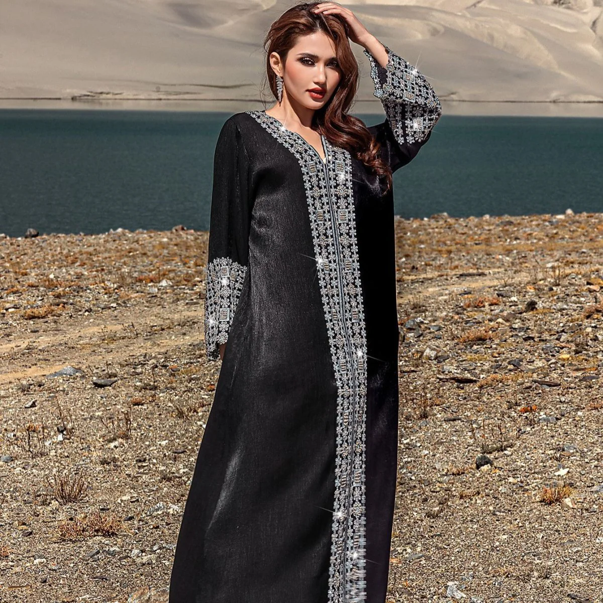 Luxury Crystal & Pearl Embellished Abaya | V-Neck Nida Crepe Maxi Dress(MA343) - Image 3