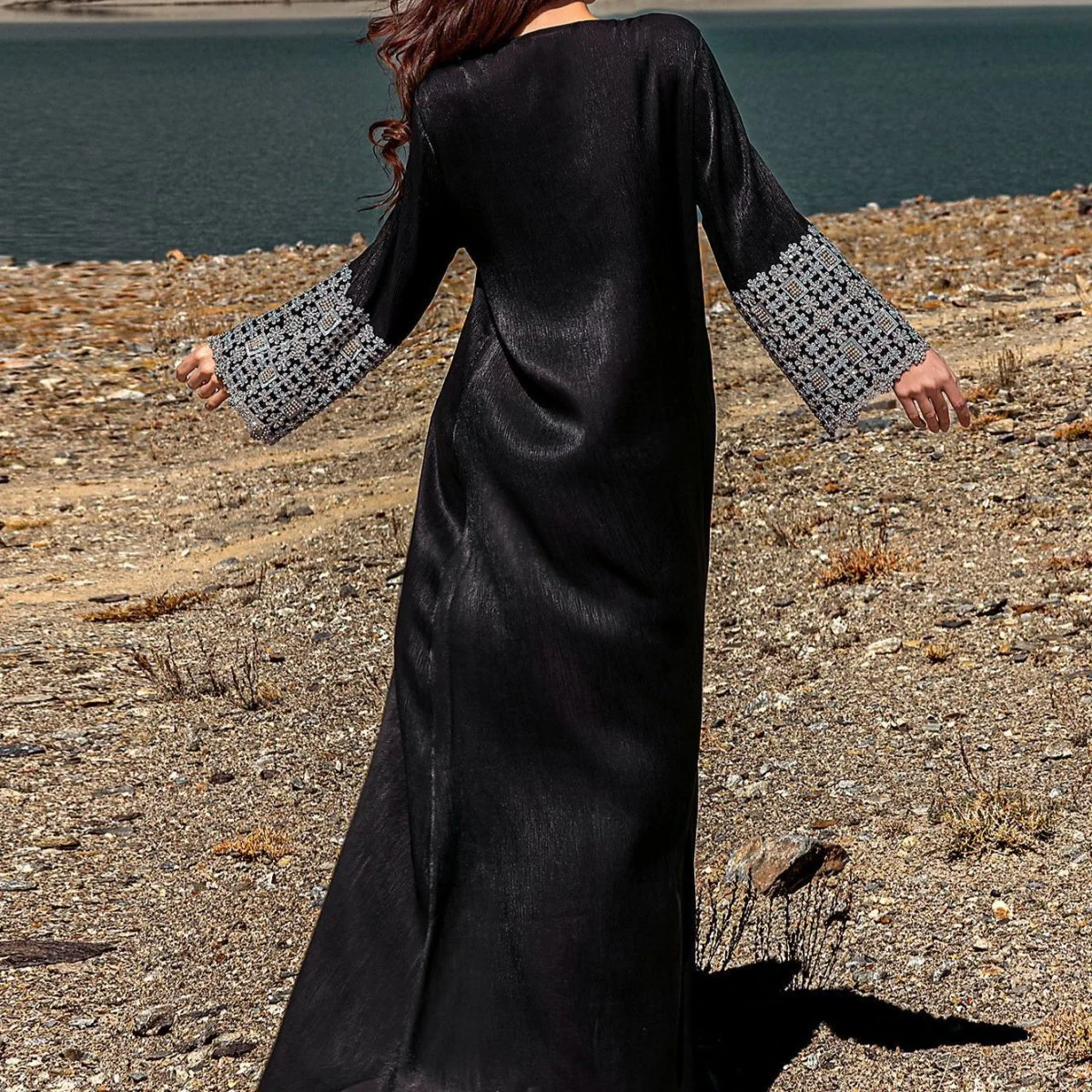Luxury Crystal & Pearl Embellished Abaya | V-Neck Nida Crepe Maxi Dress(MA343) - Image 4