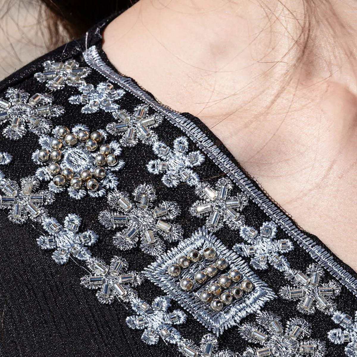 Luxury Crystal & Pearl Embellished Abaya | V-Neck Nida Crepe Maxi Dress(MA343) - Image 5