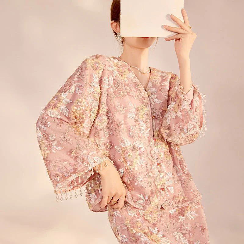 Luxury Embroidered Floral Jacket & Skirt Set(MS307) - Image 3