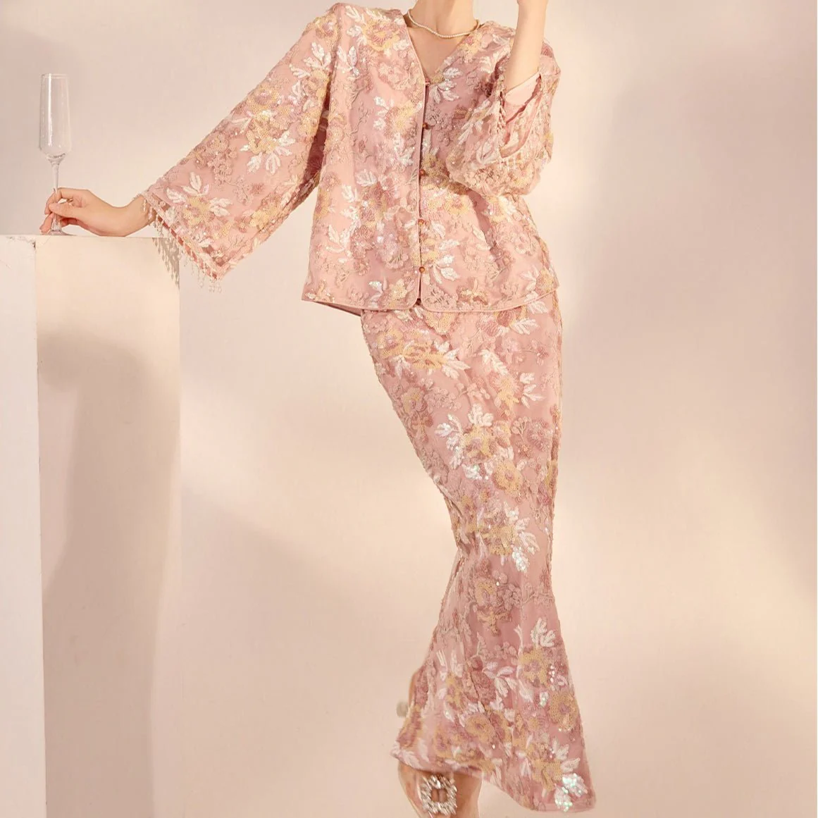 Luxury Embroidered Floral Jacket & Skirt Set(MS307) - Image 5
