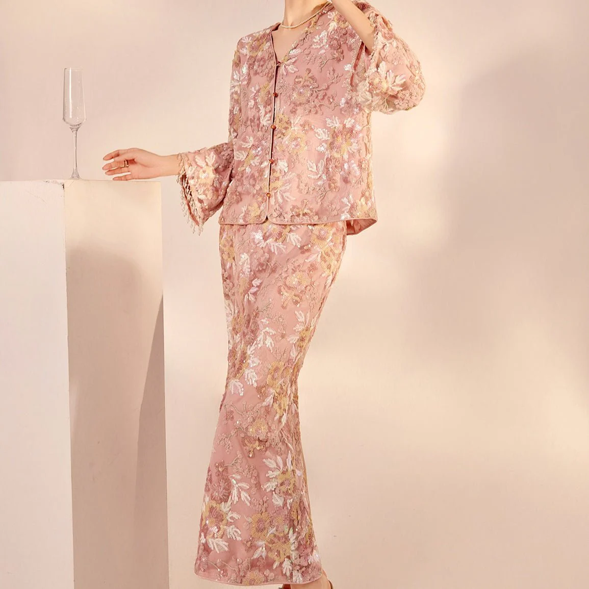 Luxury Embroidered Floral Jacket & Skirt Set(MS307) - Image 6